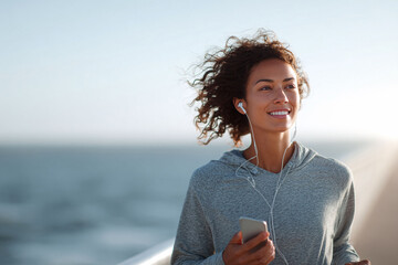 Woman enjoying outdoor workout with music. Captures healthy lifestyle, positivity, and freedom. Ideal for fitness, wellness, travel or active living campaigns.