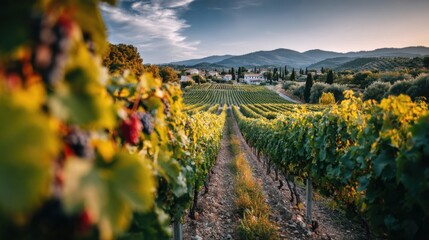 Naklejka premium Vignes luxuriantes et paysages vallonnés au crépuscule en Provence