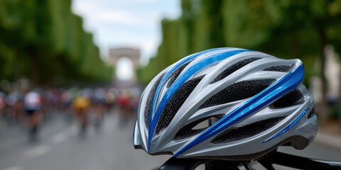 urban cycling scene, focused on a bicycle helmet on handlebars, with a blurred crowd of cyclists in a festive, car-free street as the background