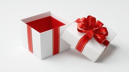 3d visualization of open white gift box with red bow and ribbon with separate lid 