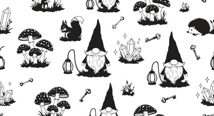 Gnomes mushrooms crystals seamless pattern woodland creatures art