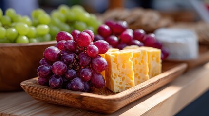 street food display, glossy close-up of organic fruits, breads, and artisanal cheeses on a wooden table at a world car free day street fair, served in elegant chrome trays