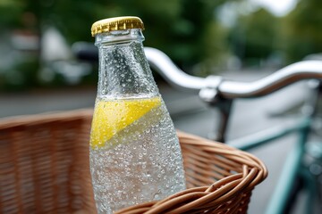 eco-friendly lifestyle, top-rated glass water bottle with iced citrus water, condensation, and water drops in a bike basket on world car free day, in a dynamic duotone style with a sleek grid