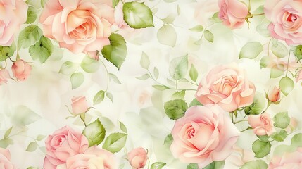  watercolor background covered edge-to-edge with delicately painted soft pink roses and gentle light green leaves