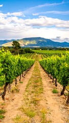 Naklejka premium Vineyard rows extend to distant mountains