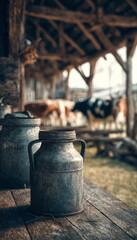 Fototapeta premium Rustic farm scene with vintage milk cans and grazing cows in a rural shed