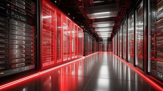 Server room corridor with red LED strip lighting along server racks, creating dramatic atmosphere in modern data center facility. Industrial technology environment with metallic infrastructure.