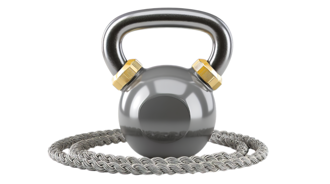 Heavy gray kettlebell with a braided rope, perfect for strength training and fitness workouts.
