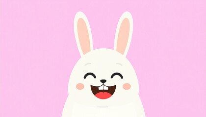 A cute white cartoon rabbit laughing joyfully with rosy cheeks against a simple pink background.