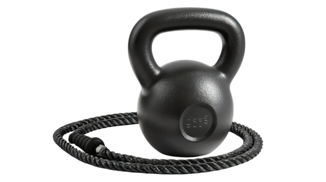 A sturdy black kettlebell paired with a battle rope, perfect for strength training and functional workouts.