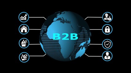 B2 B Business Concept Globe with Icons on Black Background earth world