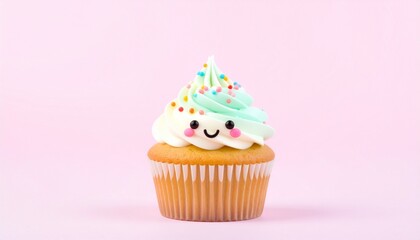 A cheerful cupcake with colorful frosting and sprinkles, designed with a cute face.