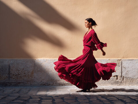 Elegant woman in flowing red dress dancing in sunlight. Represents passion, freedom, and vibrant culture. Ideal for travel, fashion, or lifestyle content. - Powered by Adobe