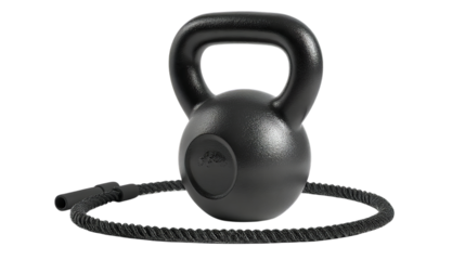 A sturdy black kettlebell and battle rope, perfect for strength training and functional workouts.