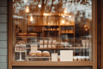 Cozy bakery cafe interior with pastry display for logo mockup