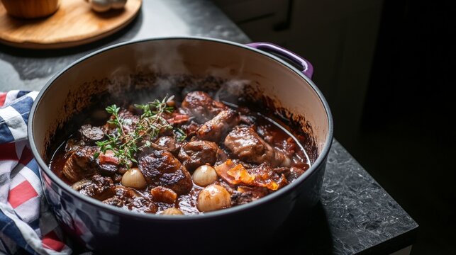 French coq au vin dish with rich sauce and vegetables in a rustic setting