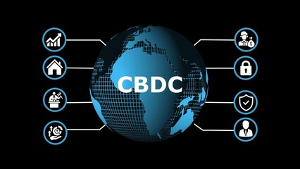 Blue globe with C B D C text and financial icons on black background concept of digital currency CBDC