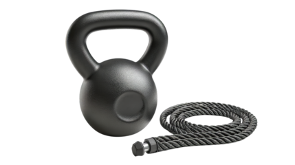 A black kettlebell and battle rope, perfect for strength and conditioning workouts, set against a clean background.