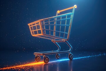 Digital shopping cart with neon glow and abstract light trails