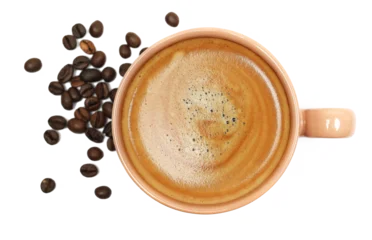 Acrylglasbilder Kaffee und Kaffeebohnen porcelain espresso coffee cup with beans isolated on white background, top view  © dule964