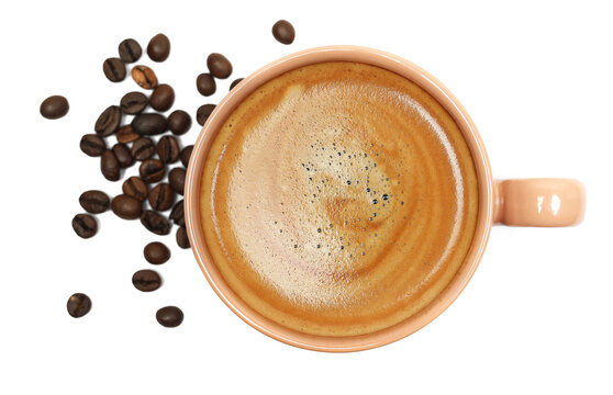 porcelain espresso coffee cup with beans isolated on white background, top view - Powered by Adobe