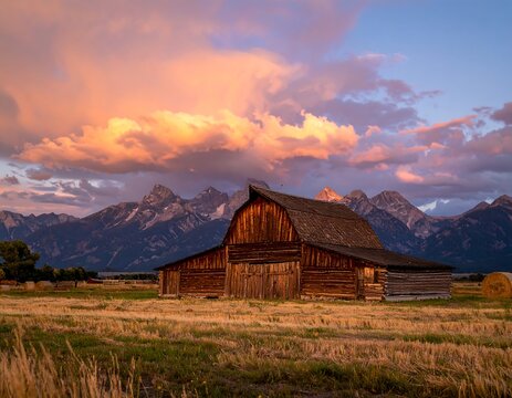Barn at sunset, mountain backdrop - Powered by Adobe
