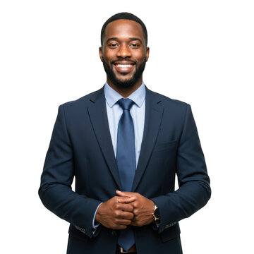 Smiling african american businessman in a dark suit and blue tie with hands clasped isolated on transparent background