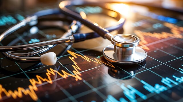 Stethoscope on financial stock market graph with warm light