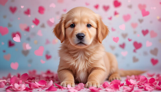 Adorable Golden Retriever Puppy Surrounded by Love.A charming golden retriever puppy, lying down and looking directly at the camera, is the focal point of this image. - Powered by Adobe
