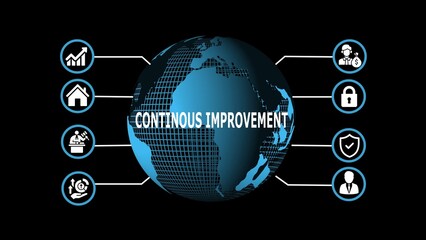 Continuous Improvement Concept with Globe and Icons on Black Background earth world