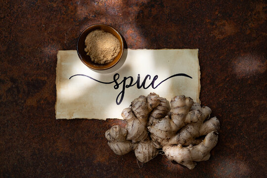 Ginger spice - root and powder, ginger root, fresh, powder, 
