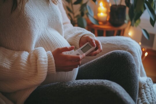 Pregnant woman managing gestational diabetes with glucose monitor at home