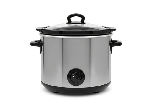 Modern stainless steel slow cooker with glass lid on white background