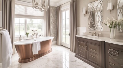 Serene Elegant Bathroom Copper Freestanding Tub Metallic Accents Marble Tiles