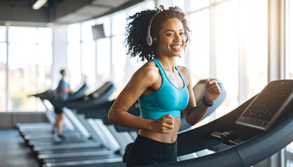 Happy young African American woman jogging on treadmill at modern gym, wearing headphones, healthy lifestyle concept.