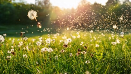 close up of floating pollen grains in sunlight with blurred green meadow background high pollen count season allergy concept nature and health