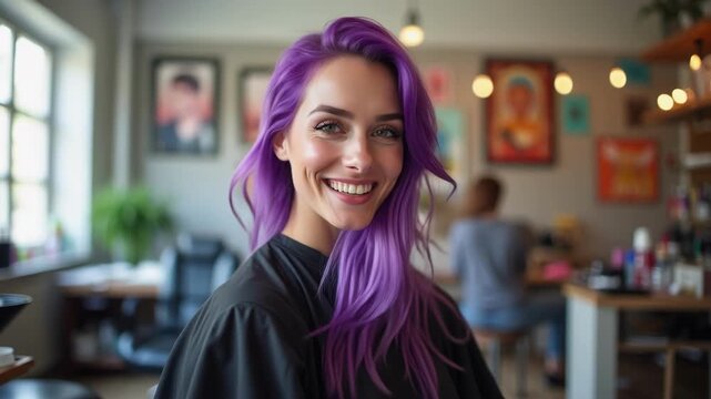 After her hair appointment, a woman with a trendy purple hairstyle playfully flips her hair while looking in the mirror. Her confident smile and dynamic movement show her excitement with the makeover.