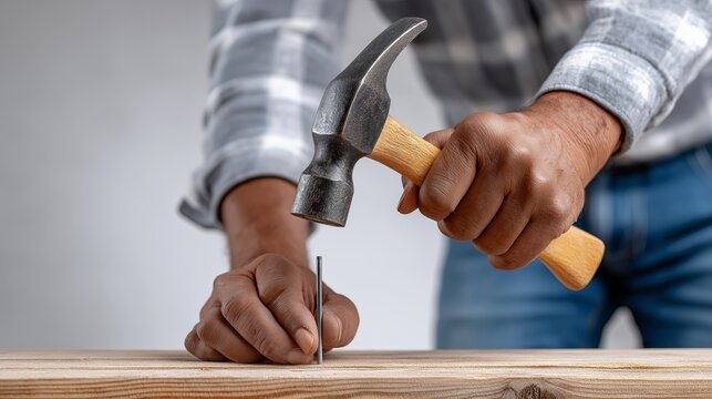 Crafting a wooden project with a hammer and nail at home workshop
