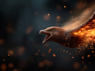 Obraz premium A 3D render of a mythical creature, such as a dragon or phoenix, with detailed scales or feathers and glowing embers emanating from its body.