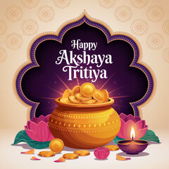 Happy Akshaya Tritiya illustration with pot of gold coins and diya