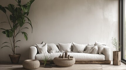 White wall wallpaper Mock Up Minimalistic Interior Natural Materials Wood Plants