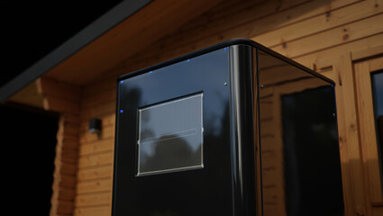 Sustainable energy storage unit under wooden cabin awning at night