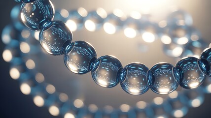 Close up of a string of clear blue glass beads with bokeh background