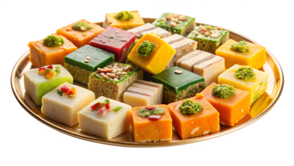 Assortment of colorful square sweets and desserts on a gold plate, isolated on transparent background
