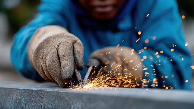 female welder, an african female welder in protective gear works amidst flying sparks with sharp foreground details and a softly blurred workshop background - Powered by Adobe