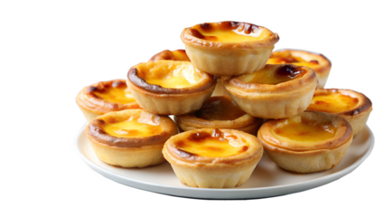 A closeup of portuguese egg tarts with caramelized tops and flaky pastry, isolated on transparent background