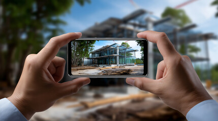 Framing a virtual building with hands as if taking a photo
