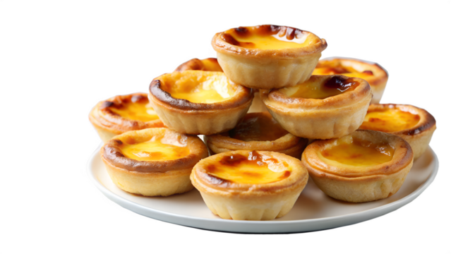 A closeup of portuguese egg tarts with caramelized tops and flaky pastry, isolated on transparent background
