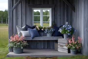 Fototapeta premium Rustic porch with flowers and pillows