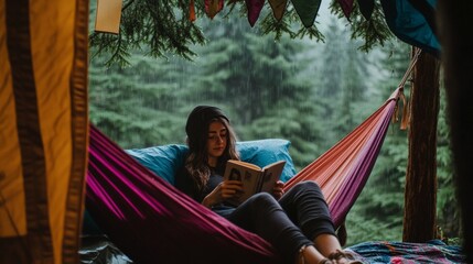 Woman reading in waterproof hammock tent amid rainy forest ambiance